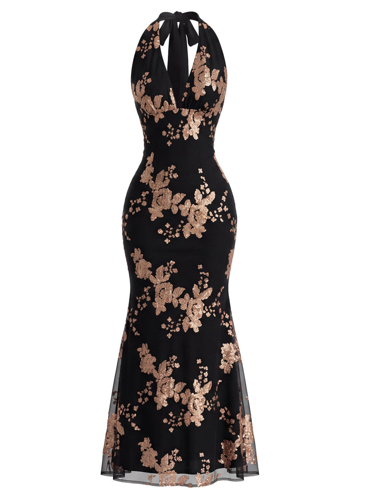 Schwarzes 20er Meerjungfrauenkleid mit Blumenpailletten und Neckholder
