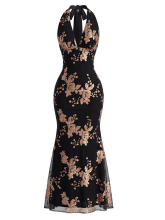 Schwarzes 20er Meerjungfrauenkleid mit Blumenpailletten und Neckholder