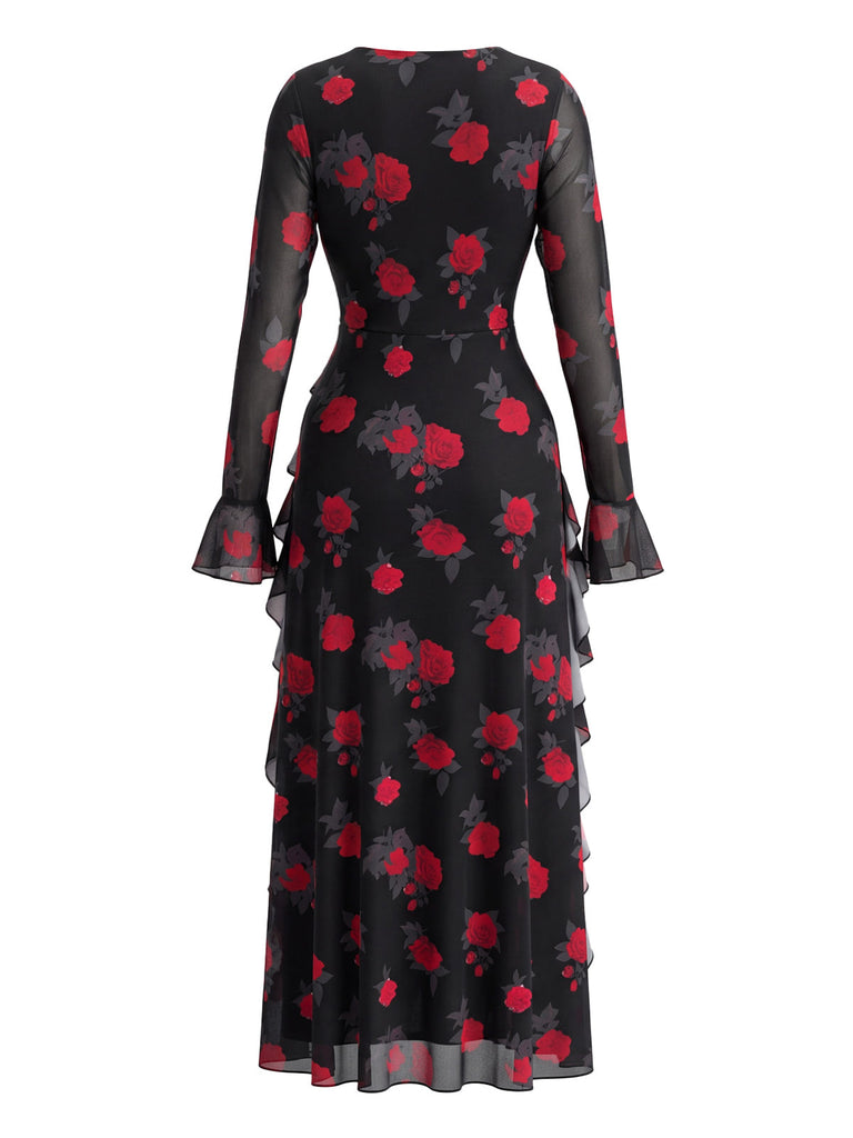 80er Maxikleid mit Leoparden-Print und Rüschen