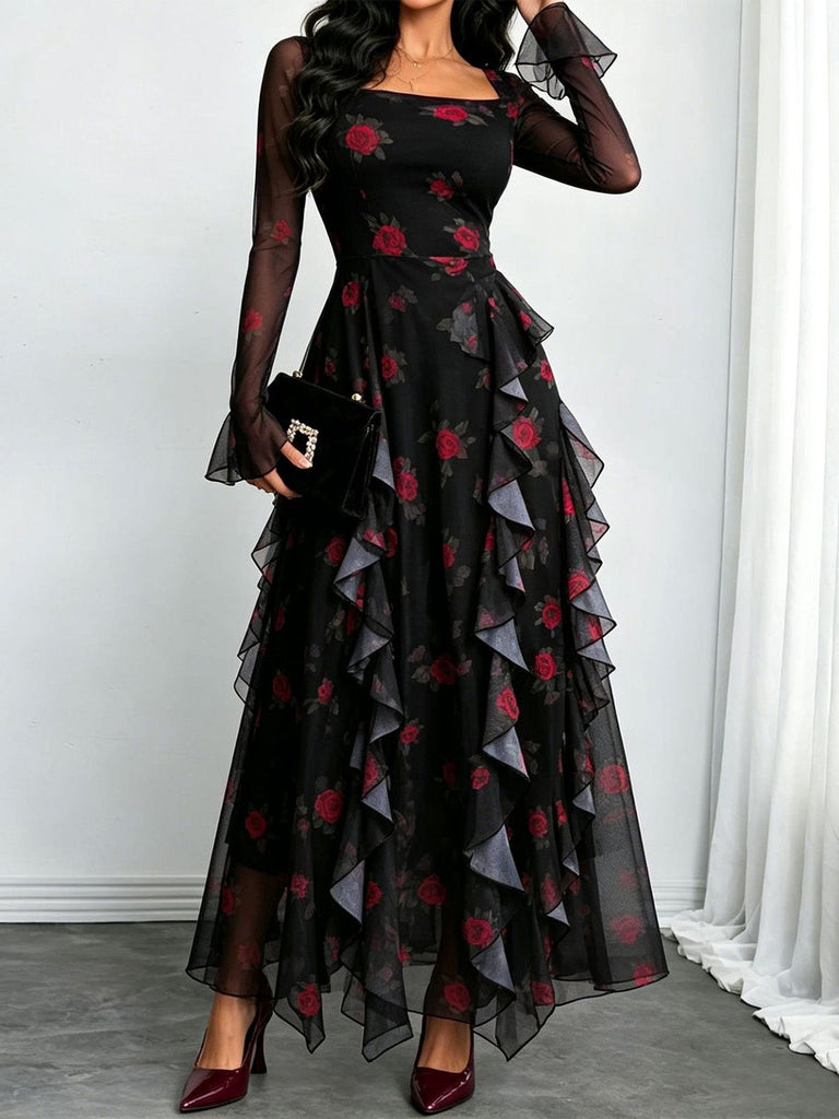 80er Maxikleid mit Leoparden-Print und Rüschen