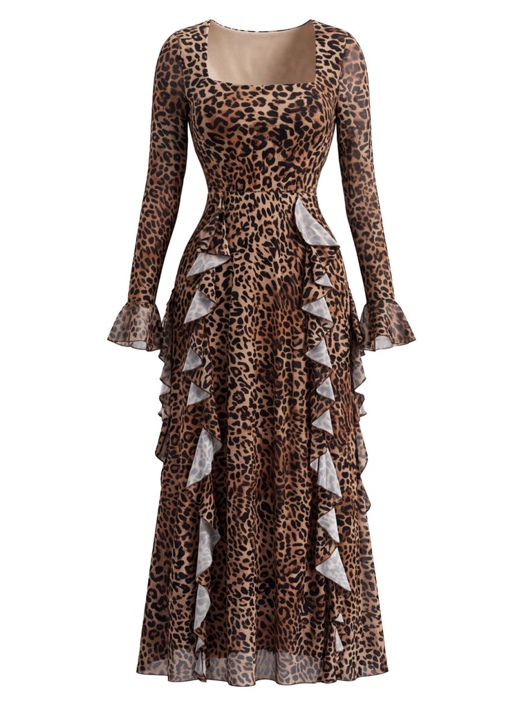 80er Maxikleid mit Leoparden-Print und Rüschen