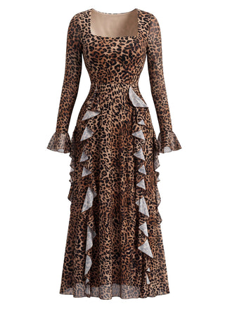 80er Maxikleid mit Leoparden-Print und Rüschen