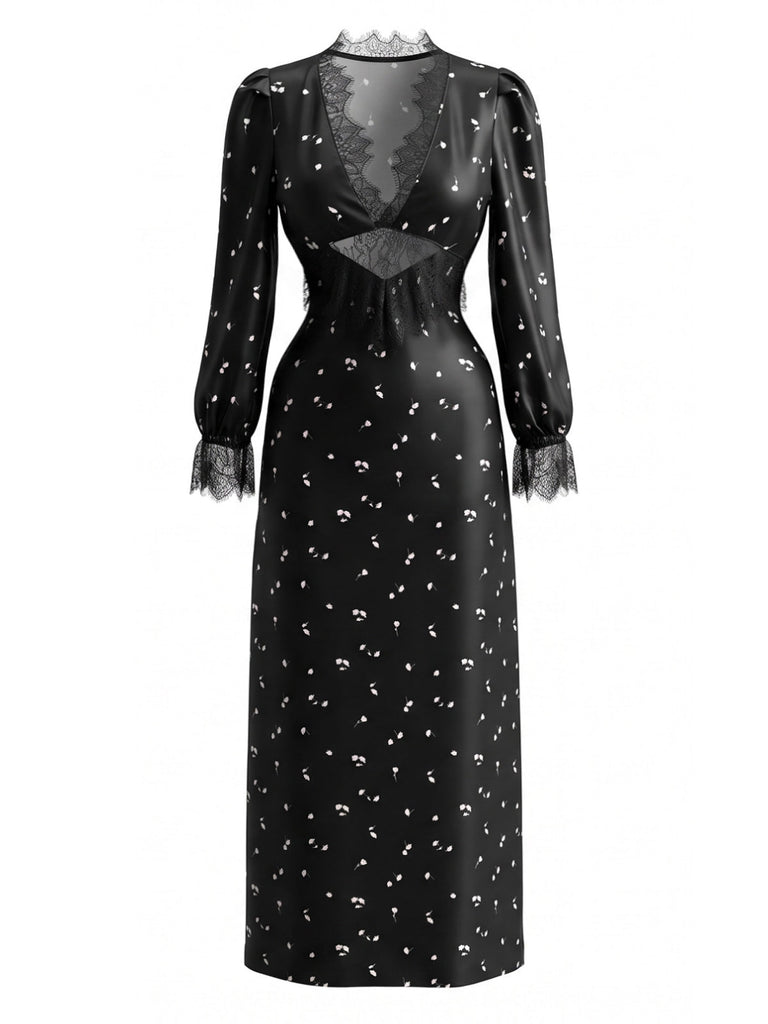 Schwarzes 70er Satinkleid mit Spitze, Cut-out und V-Ausschnitt