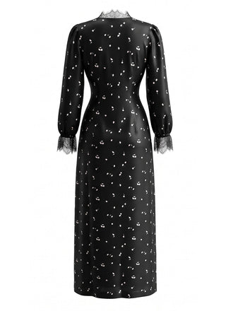 Schwarzes 70er Satinkleid mit Spitze, Cut-out und V-Ausschnitt