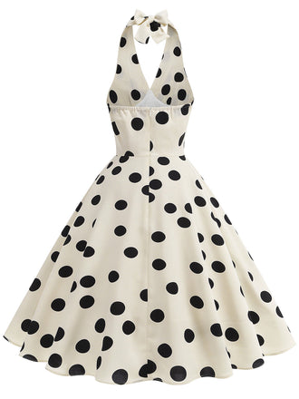 Beige 50er Swingkleid mit Polka-Dots und Neckholder
