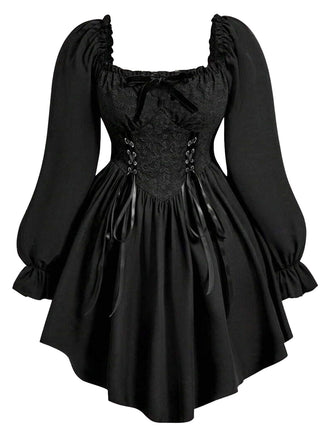 [Übergröße] Schwarzes 70er Gothic-Langarmkleid mit Korsettschnürung