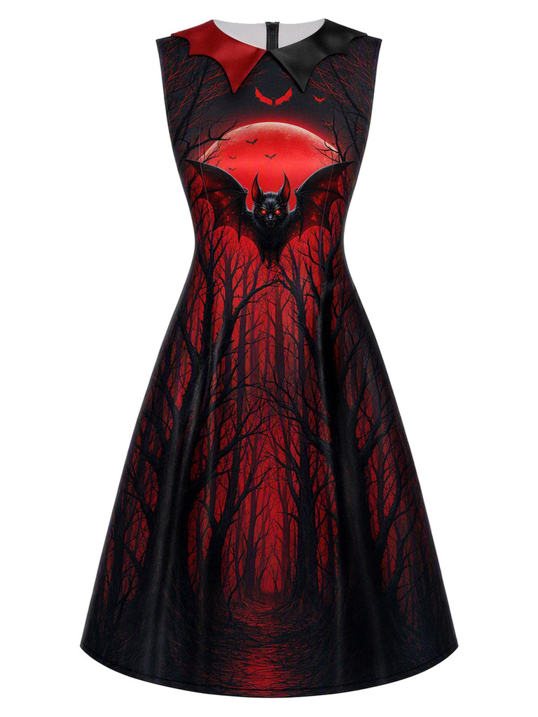 50er Gothic-Vampir-Kleid mit Fledermaus-Mond-Print