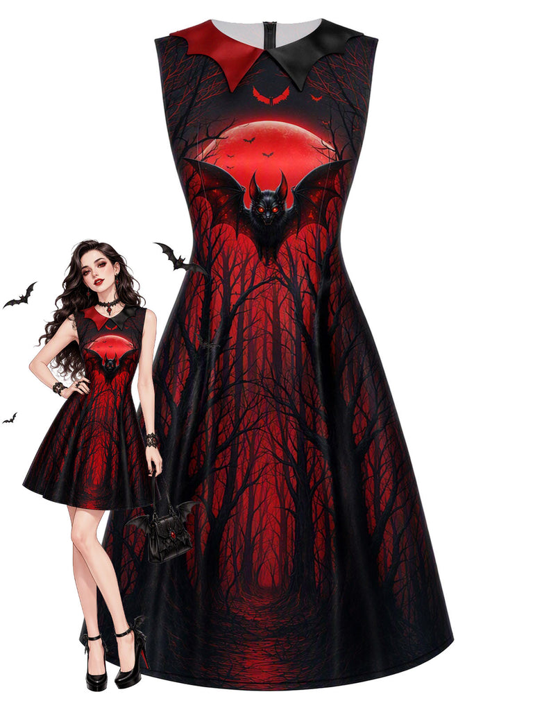 50er Gothic-Vampir-Kleid mit Fledermaus-Mond-Print