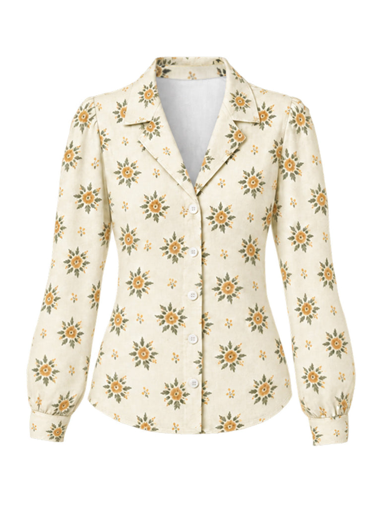 60er Langarm-Blumenbluse mit Revers