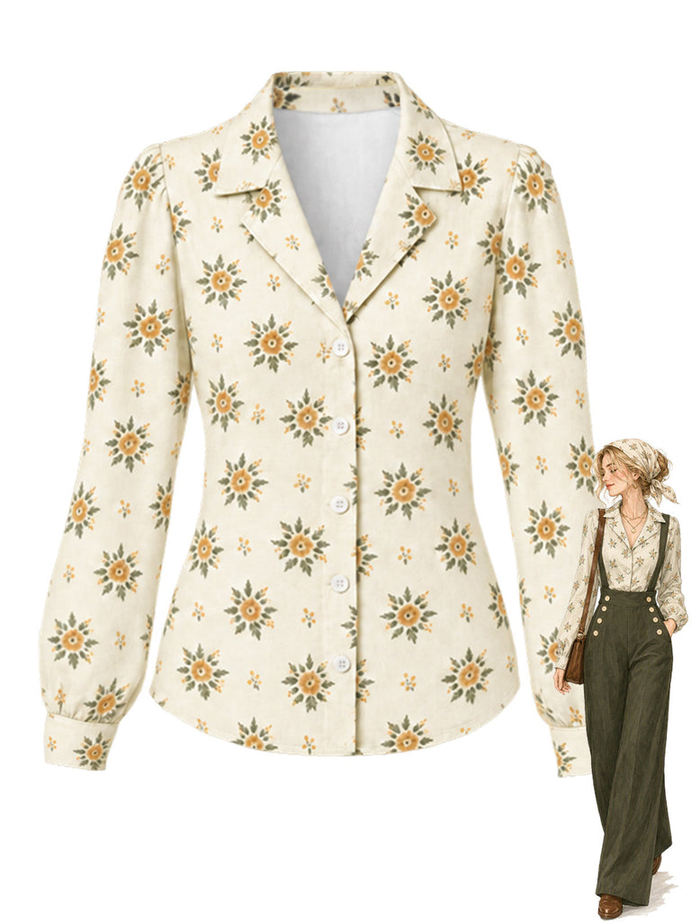 60er Langarm-Blumenbluse mit Revers