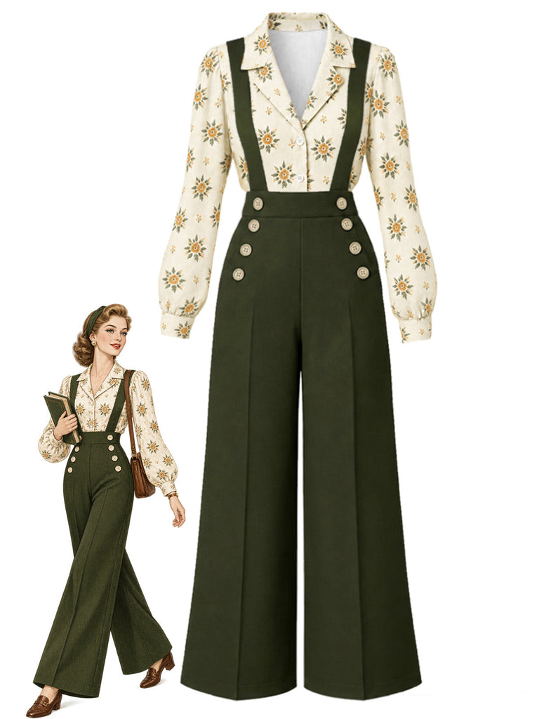 60er Set aus Blumenbluse und weiter Latzhose
