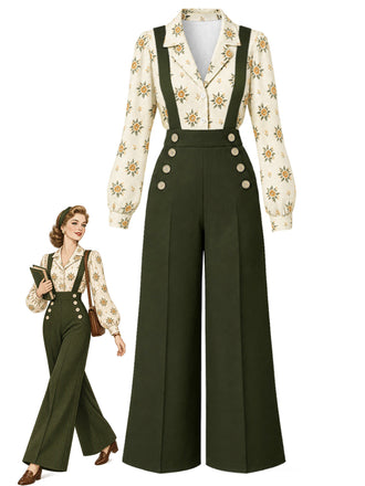 60er Set aus Blumenbluse und weiter Latzhose