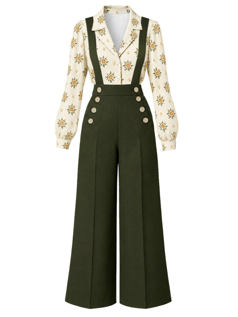 60er Set aus Blumenbluse und weiter Latzhose