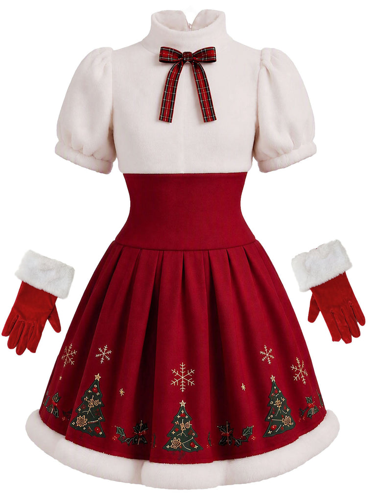 Rot-weißes 60er Weihnachtskleid mit Puffärmeln und Kunstpelzbesatz