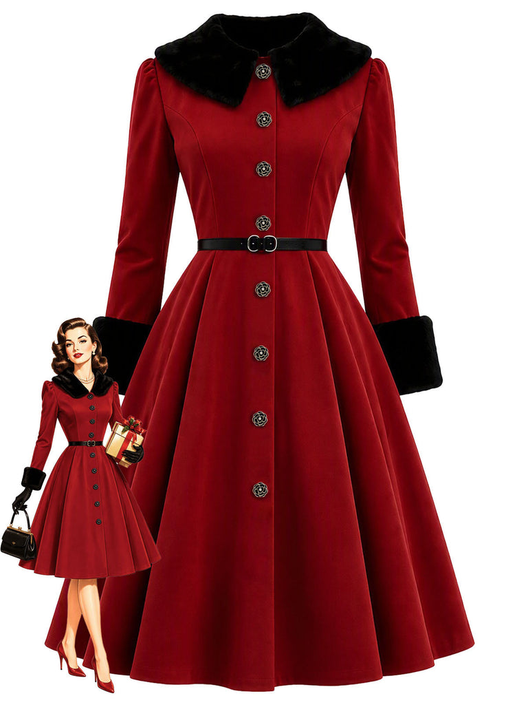 Rotes gegürtetes 50er Mantelkleid mit Flauschkragen und Blumenknöpfen