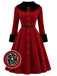 Rotes gegürtetes 50er Mantelkleid mit Flauschkragen und Blumenknöpfen