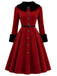 Rotes gegürtetes 50er Mantelkleid mit Flauschkragen und Blumenknöpfen