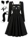 50er Katzenkleid mit eckigem Ausschnitt & Accessoire-Set