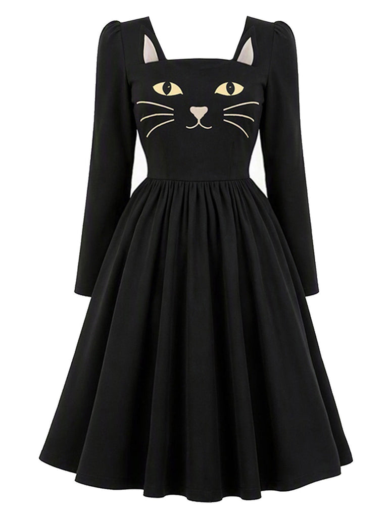 50er Katzenkleid mit eckigem Ausschnitt & Accessoire-Set