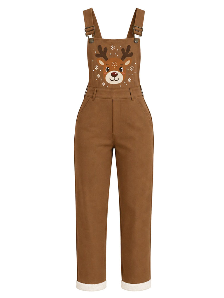 Hellbraune 40er Latzhose mit Rentier und offenkantigen Patchworkdetails
