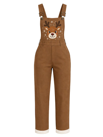 Hellbraune 40er Latzhose mit Rentier und offenkantigen Patchworkdetails