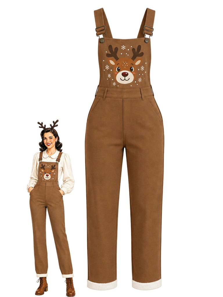 Hellbraune 40er Latzhose mit Rentier und offenkantigen Patchworkdetails
