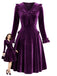 Lila 50er Langarm-Samtkleid mit gerüschtem V-Ausschnitt und Schleife