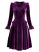 Lila 50er Langarm-Samtkleid mit gerüschtem V-Ausschnitt und Schleife