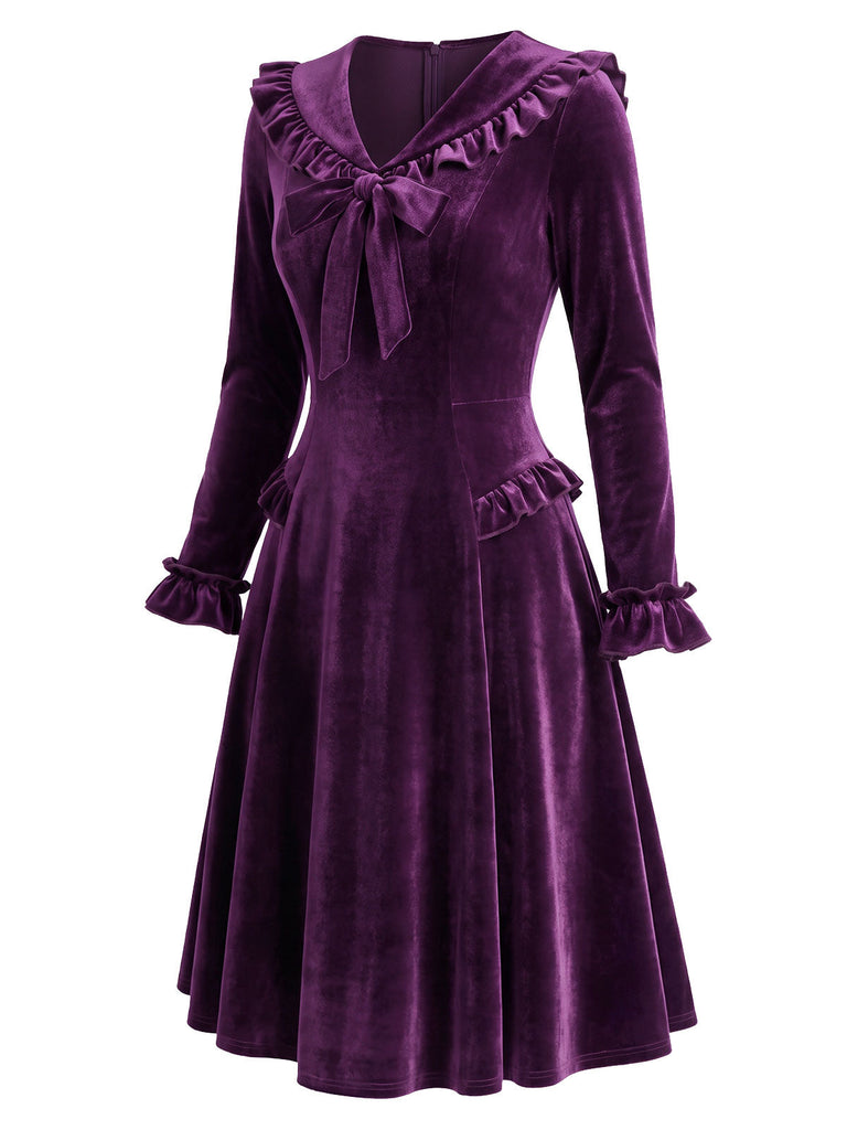 Lila 50er Langarm-Samtkleid mit gerüschtem V-Ausschnitt und Schleife