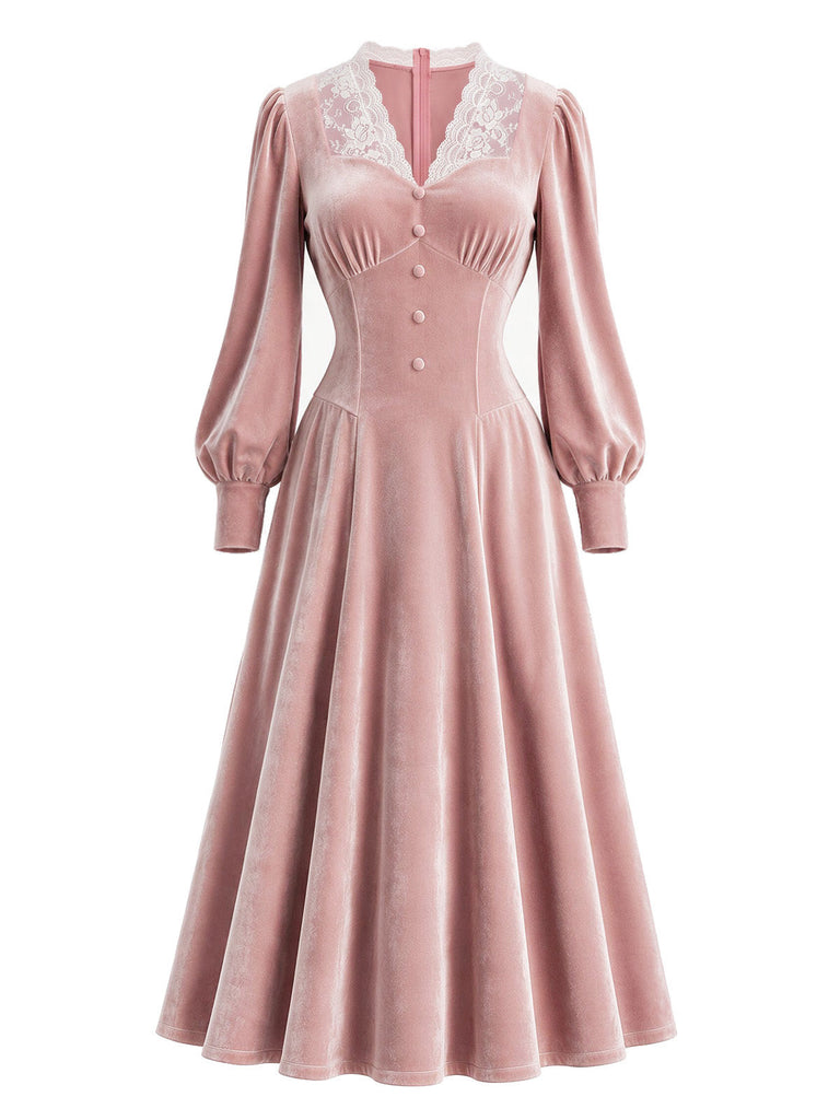 Rosa 30er Samtkleid mit Spitzenkragen und Langarm