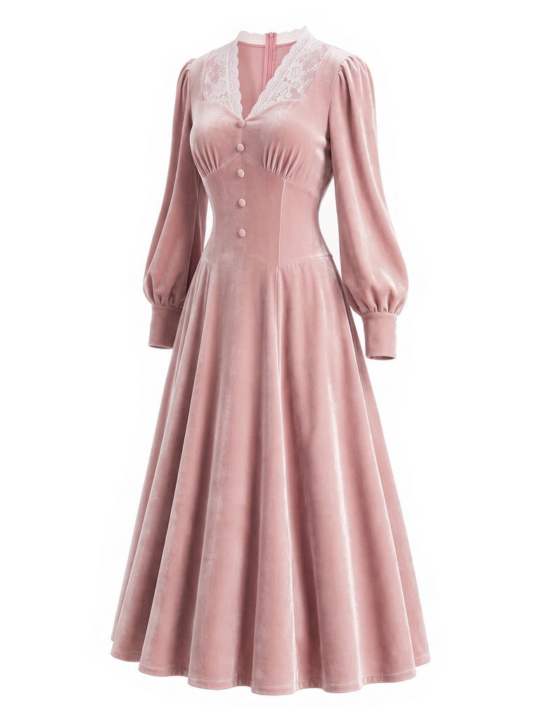 Rosa 30er Samtkleid mit Spitzenkragen und Langarm