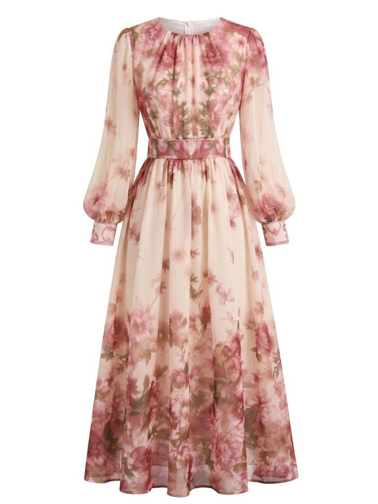 Rosa 70er Chiffon-Kleid mit Blumen und Ballonärmel
