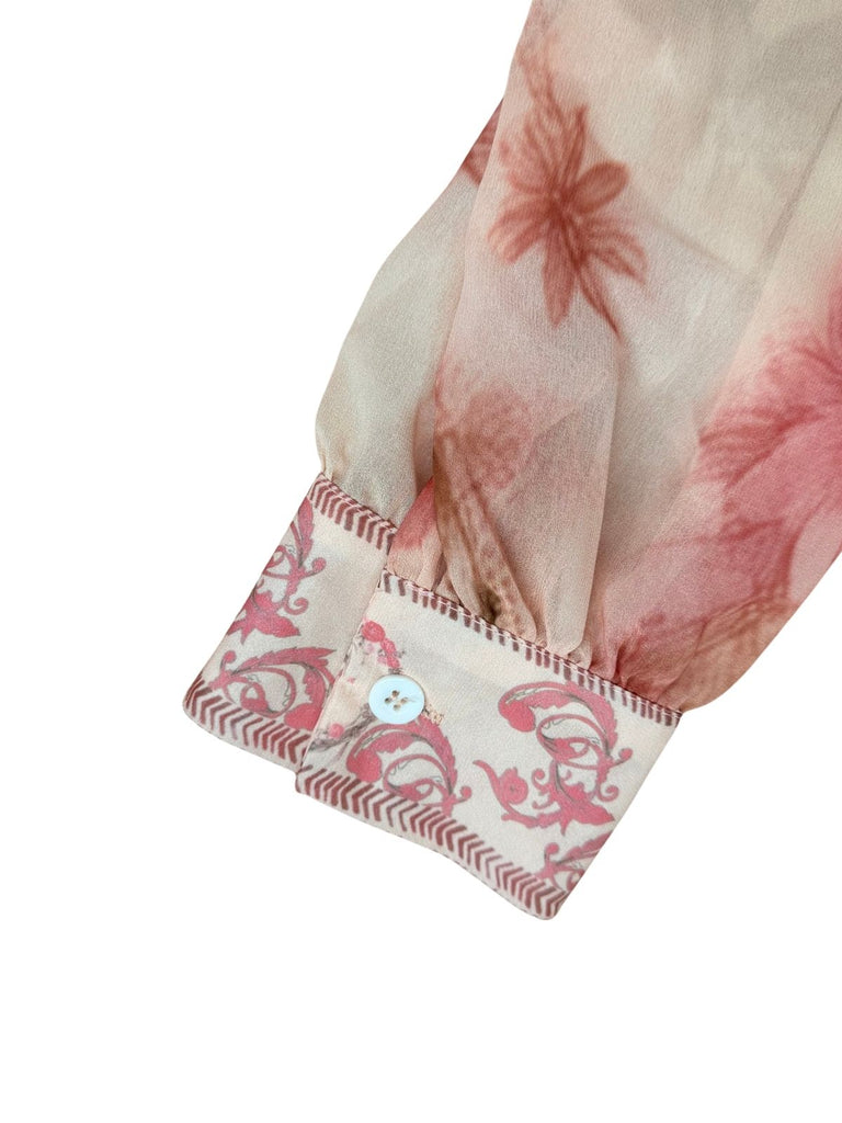 Rosa 70er Chiffon-Kleid mit Blumen und Ballonärmel
