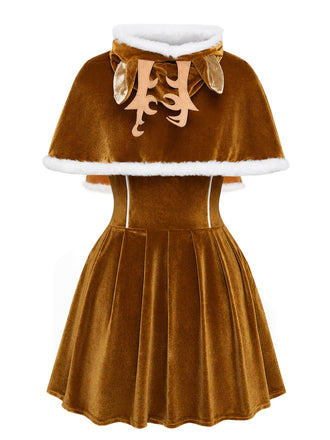 50er Weihnachts-Samtkleid mit Rentiermotiv und Kapuzencape