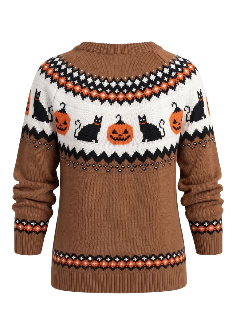Brauner 40er Halloween-Strickpullover mit Kürbis-Katzen-Print