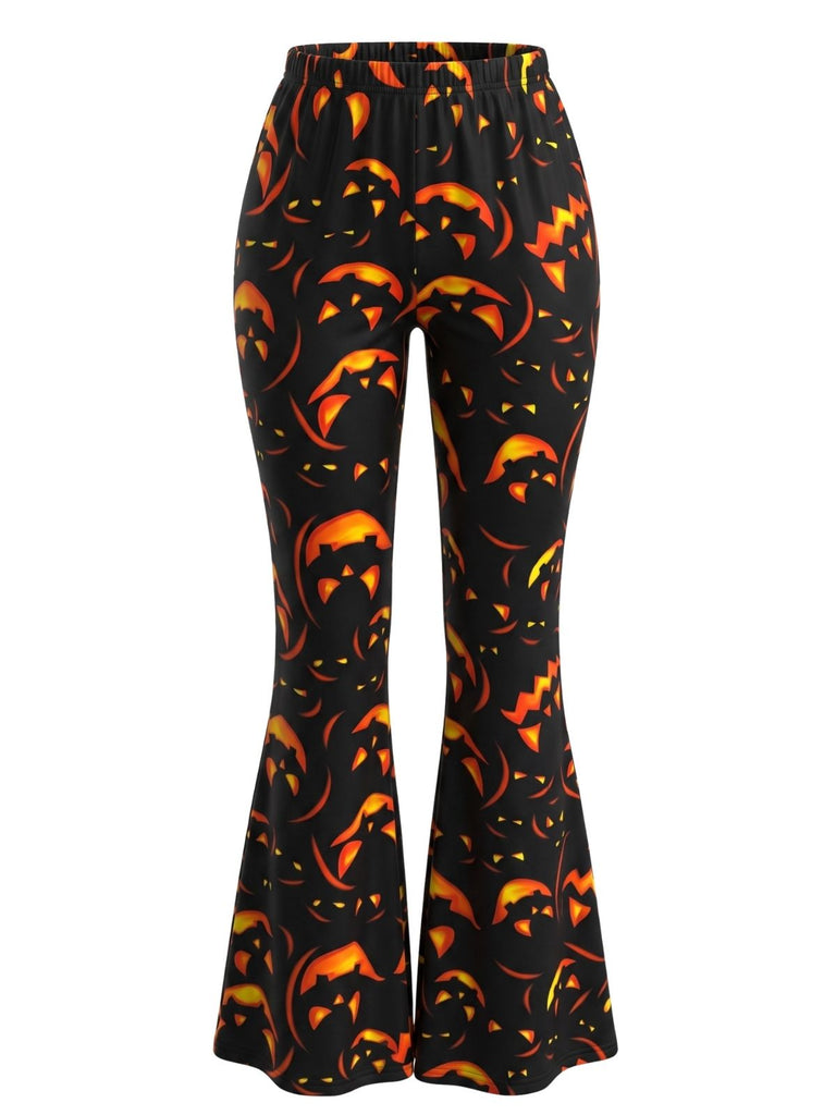 Schwarze 60er Halloween-Schlaghose mit Kürbislaternen-Print