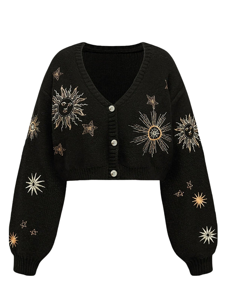 60er kurzer Strick-Cardigan mit Sonnen- und Sternenstickerei