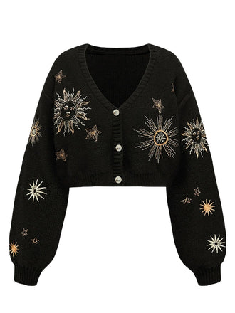 60er kurzer Strick-Cardigan mit Sonnen- und Sternenstickerei