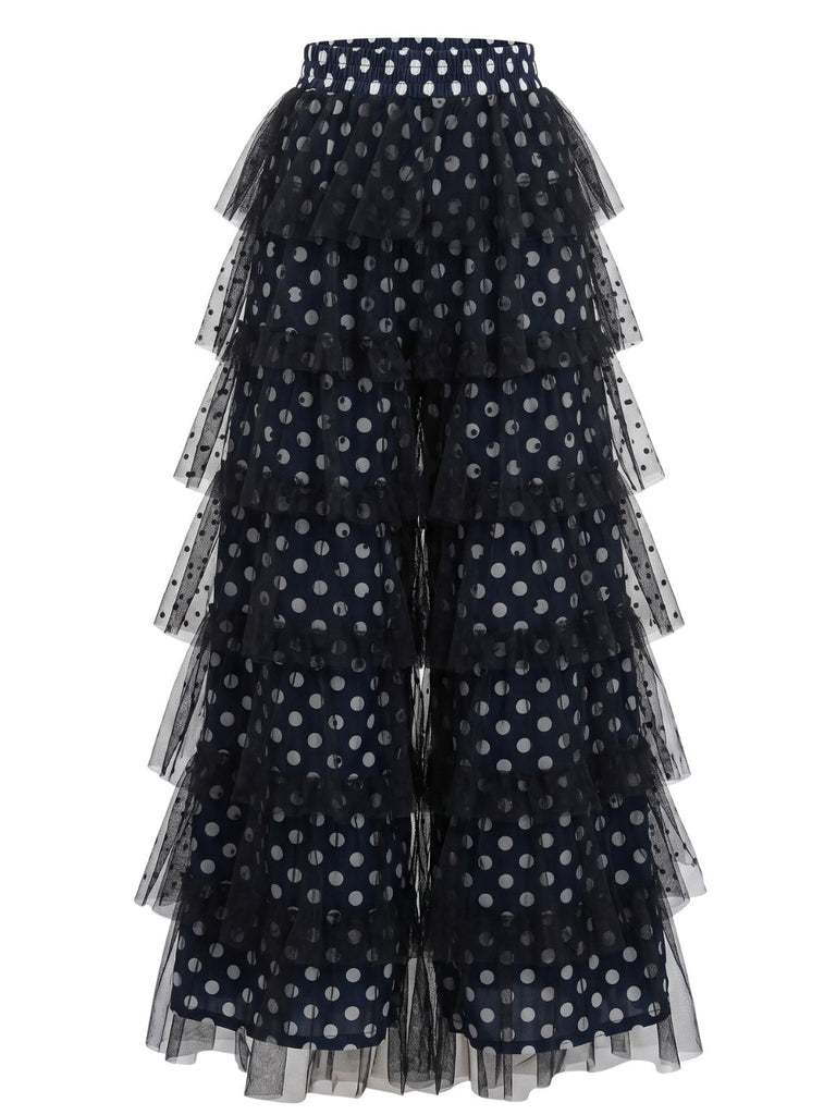 Schwarze 60er Hose mit Polka-Dots und Rüschen