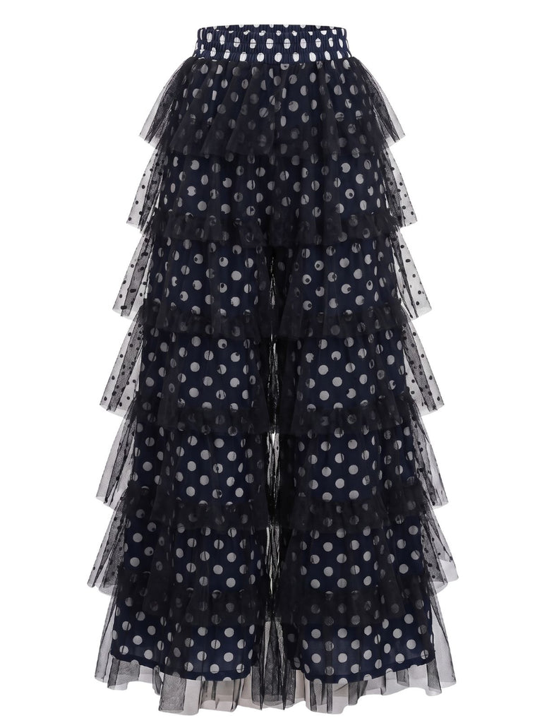 Schwarze 60er Hose mit Polka-Dots und Rüschen
