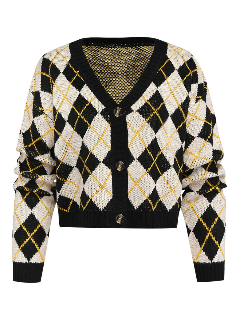 80er Argyle-Strickjacke mit V-Ausschnitt und Knopfleiste