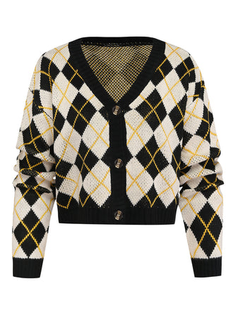 80er Argyle-Strickjacke mit V-Ausschnitt und Knopfleiste