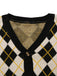 80er Argyle-Strickjacke mit V-Ausschnitt und Knopfleiste