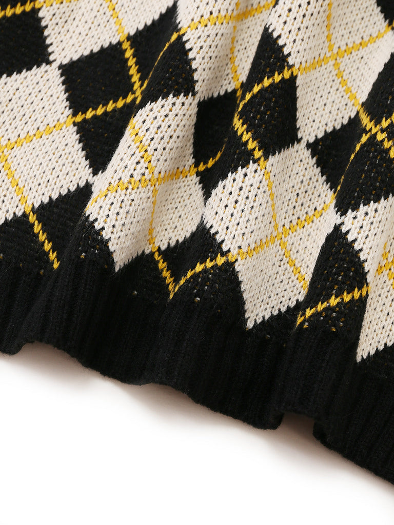 80er Argyle-Strickjacke mit V-Ausschnitt und Knopfleiste