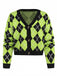 80er Argyle-Strickjacke mit V-Ausschnitt und Knopfleiste