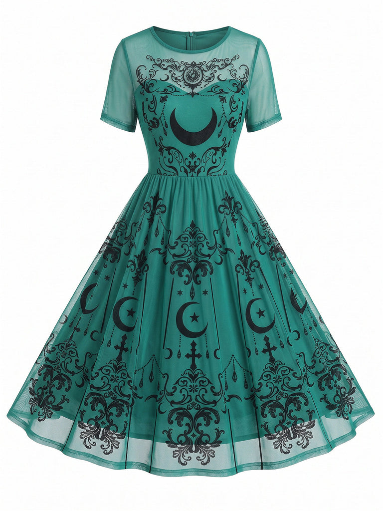 50er Gothic Swingkleid mit Sternen-Mond-Print
