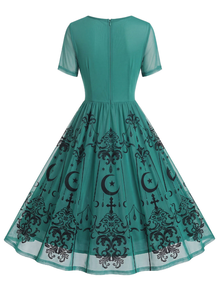 50er Gothic Swingkleid mit Sternen-Mond-Print