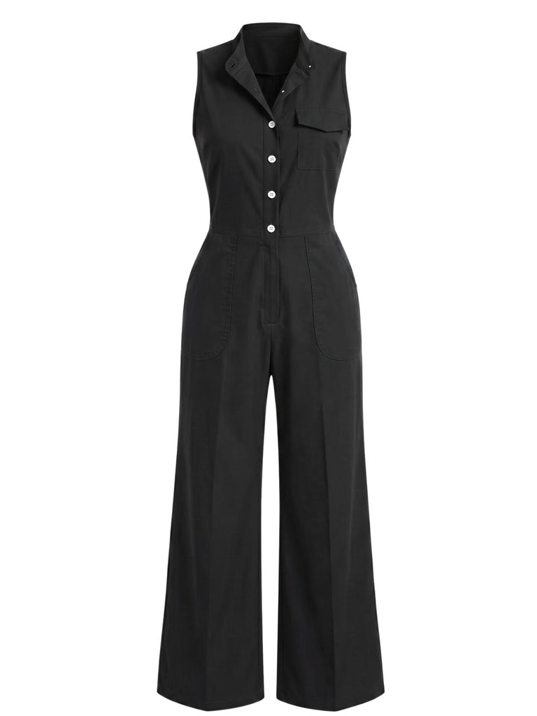 50er Utility-Jumpsuit ohne Ärmel mit Revers, Knöpfen und Taschen