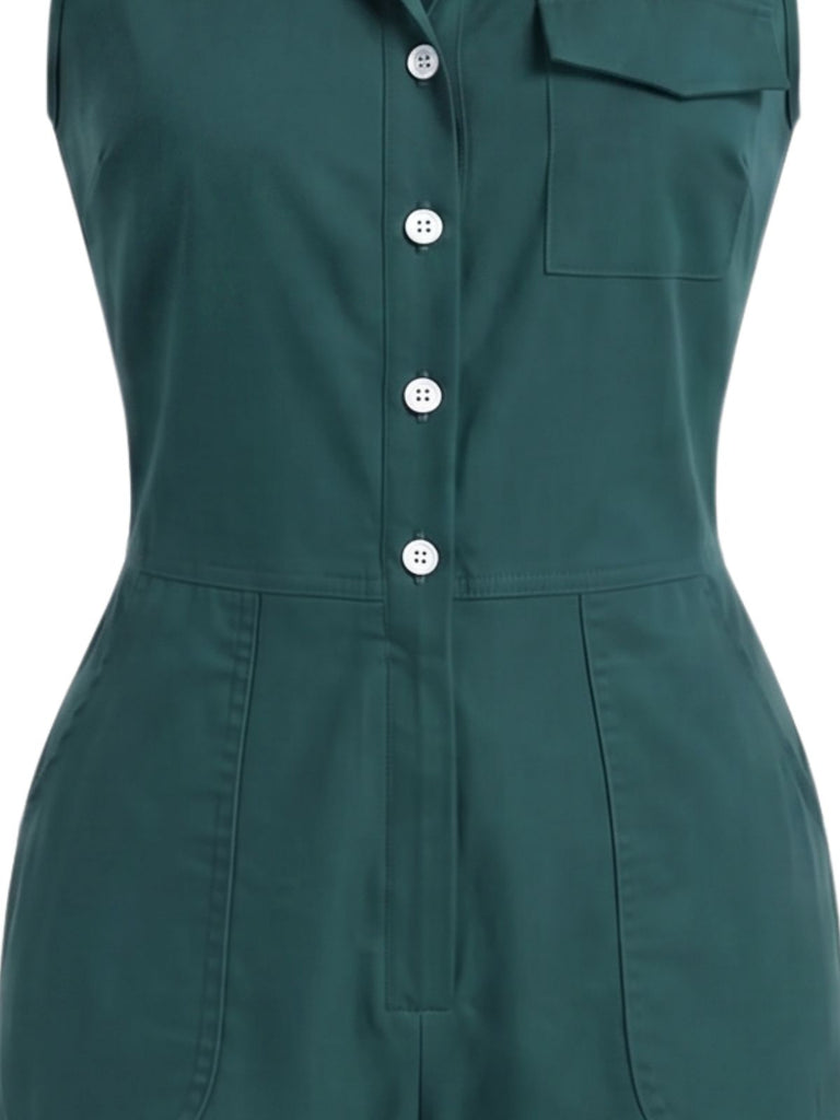50er Utility-Jumpsuit ohne Ärmel mit Revers, Knöpfen und Taschen