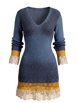 Blaues 60er Strick-Minikleid mit Spitzenbesatz und V-Ausschnitt
